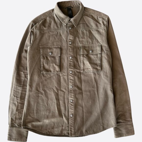 Chrome Hearts Olive & Black Leather Fleur Patch Button Up Shirt - Picture 2 of 6